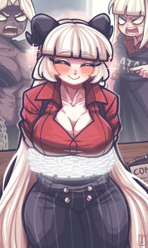 3girls absurdres anger_vein baphomet_(grizz) blush breasts chain cleavage dark-skinned_female dark_skin demon_girl demon_horns helltaker highres horns jaeflare judgement_(helltaker) large_breasts long_hair lucifer_(helltaker) multiple_girls original sitting white_hair