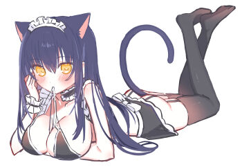1girl absurdres alternate_costume animal_ears apron arm_under_breasts ass back_bow bikini black_bikini black_choker black_hair black_thighhighs blush bow breasts cat_ears cat_girl cat_tail choker cleavage closed_mouth collarbone commentary crossed_ankles curvy enmaided eshiko eyes_visible_through_hair feet_up frilled_bikini frilled_choker frilled_wrist_cuffs frills full_body garter_straps hair_between_eyes hair_spread_out hand_up highres kemonomimi_mode kushima_kamome large_breasts long_hair looking_at_viewer lying maid maid_apron maid_bikini maid_headdress mouth_hold no_shoes on_stomach ribbon ribbon_in_mouth simple_background sketch solo straight_hair summer_pockets swimsuit tail tail_raised the_pose thighhighs unconventional_maid white_background white_bow wrist_cuffs yellow_eyes