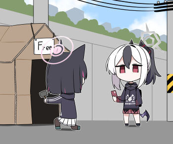 2girls absurdres animal_ears b.t._(boob_tong) black_choker black_hoodie black_horns blue_archive box cardboard cardboard_box cat_ears cellphone choker demon_horns demon_wings earclip earphones extra_ears for_adoption grey_halo halo hammer highres holding holding_phone homeless hood hoodie horns house jacket kayoko_(blue_archive) kazusa_(blue_archive) long_sleeves looking_at_another medium_hair mole mole_on_neck multicolored_hair multiple_girls on_one_knee outdoors phone piercing pink_hair pink_halo print_hoodie red_eyes red_skirt road single_wing skirt standing track_jacket two-tone_hair utility_pole white_hair white_skirt wings