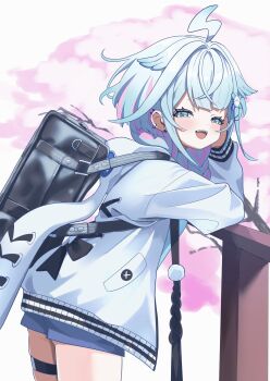 123haruno_oto 1girl :d against_fence ahoge animal_hood bag black_bag blue_hair blue_shorts braid cherry_blossoms commentary cowboy_shot ear_piercing fang fence from_side hair_flaps half-closed_eyes hand_on_own_face highres hololive hololive_dev_is hood hooded_jacket jacket lightning_ahoge long_sleeves looking_at_viewer low_twin_braids medium_hair mizumiya_su mizumiya_su_(1st_costume) multicolored_hair open_mouth outdoors piercing pink_streaks rabbit_hood school_bag shorts smile solo streaked_hair thigh_strap twin_braids two-tone_hair virtual_youtuber white_jacket