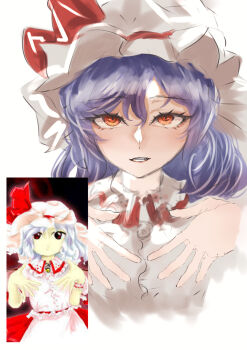 Rule 34 | 1girl, 39 miku3939, absurdres, collared shirt, embodiment of scarlet devil, frilled hat, frills, hair between eyes, hands up, hat, hat ribbon, highres, mob cap, official art inset, parted lips, purple hair, red eyes, red ribbon, reference inset, remilia scarlet, ribbon, shirt, short hair, solo, touhou, white hat, white shirt, zun (artist)
