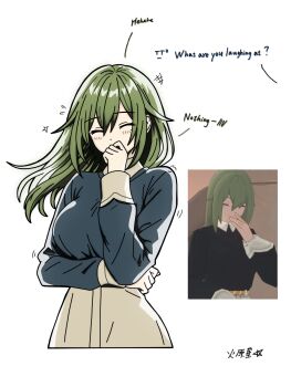 +++ 1girl alternate_language arm_under_breasts blue_shirt blush closed_eyes commentary covering_own_mouth english_commentary english_text flying_sweatdrops game_screenshot_inset green_hair hair_between_eyes hibarakirari highres long_hair motion_lines reference_inset shirt simple_background skirt solo star_(symbol) upper_body venus_(zenless_zone_zero) white_background white_skirt zenless_zone_zero