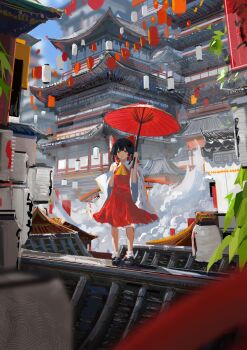 1girl :t absurdres architecture black_hair blurry blurry_background blurry_foreground bow commentary dango day detached_sleeves east_asian_architecture eating food hair_bow hakurei_reimu head_tilt highres holding holding_food holding_umbrella koukouya lantern long_hair long_sleeves oil-paper_umbrella outdoors paper_lantern red_bow red_ribbon red_shirt red_skirt red_umbrella ribbon ribbon-trimmed_sleeves ribbon_trim shirt skirt sleeveless sleeveless_shirt solo standing touhou umbrella wagashi wide_shot wide_sleeves
