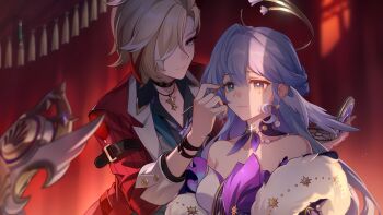 2girls absurdres applying_another's_makeup applying_makeup arm_belt bad_link bare_shoulders belt black_belt black_choker black_shirt blonde_hair blue_hair bracelet choker detached_collar dress earrings facial_mark feather_boa game_cg green_eyes green_vest hair_over_one_eye head_wings highres holding holding_brush honkai:_star_rail honkai_(series) indoors jacket jewelry long_hair looking_at_another multicolored_hair multiple_girls necklace official_art purple_dress red_hair red_jacket robin_(honkai:_star_rail) shirt short_hair siobhan_(honkai:_star_rail) streaked_hair two-tone_dress vest white_dress white_hair white_wings wings