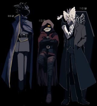 3others animal_head arms_behind_back bandaged_leg bandages belt black_background black_butterfly black_coat black_gloves black_shirt blue_cloak bug burning butterfly butterfly_on_hand cloak coat coffin colored_sclera crossed_arms der_freischuetz_(project_moon) full_body funeral_of_the_dead_butterflies gloves hands_in_pockets highres insect little_red_riding_hooded_mercenary lobotomy_corporation looking_at_another looking_at_viewer monarch_butterfly multiple_others numbered project_moon proxima_46 red_cloak red_eyes shirt single_extra_arm standing standing_on_one_leg teeth white_butterfly white_eyes yellow_sclera