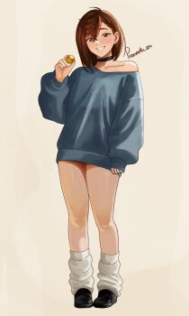 1girl absurdres artist_name ayase_momo black_choker black_shoes blue_shirt blush brown_hair choker collarbone commentary dandadan earrings english_commentary eyelashes hair_between_eyes highres holding jewelry long_sleeves loose_socks medium_hair praneeth_814 red_eyes shirt shoes simple_background single_bare_shoulder smile socks solo standing teeth white_background white_socks