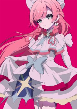 1girl ahoge aqua_eyes arm_bow ascot bare_shoulders blue_bow blue_ribbon bow braid breasts brooch closed_mouth commentary_request cowboy_shot cure_prism dot_nose dress earrings elbow_gloves eyelashes eyes_visible_through_hair gloves hair_bow hair_ornament half_up_half_down_braid happy heart heart-shaped_hair highres hirogaru_sky!_precure jewelry lace lace-trimmed_dress lace_trim large_breasts light_blush long_hair magical_girl mikoshiba_megu multiple_braids neck_ribbon nijigaoka_mashiro pink_background pink_hair precure ribbon short_dress side_braids simple_background skirt_hold smile solo sphere_earrings standing swept_bangs twin_braids very_long_hair waist_bow white_ascot white_bow white_dress white_gloves wing_hair_ornament