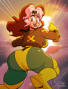 1girl artist_name ass bodysuit breasts commentary cropped_jacket from_behind gloves green_bodysuit highres huge_ass juicyartz lips lipstick looking_at_viewer makeup marvel marvel_rivals multicolored_bodysuit multicolored_hair nose open_mouth rogue_(x-men) sideboob signature solo two-tone_bodysuit two-tone_hair yellow_bodysuit yellow_gloves