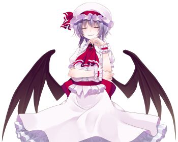 1girl ascot back_bow bat_wings bow brooch center_frills closed_eyes commentary_request cowboy_shot crote dress facing_viewer fingernails frilled_dress frilled_shirt frilled_shirt_collar frilled_skirt frills half-closed_eyes hand_on_own_elbow hand_up hat hat_ribbon highres jewelry large_variant_set layered_skirt mob_cap parted_lips pink_hat pink_shirt pink_skirt pink_wrist_cuffs puffy_short_sleeves puffy_sleeves purple_hair red_ascot red_bow remilia_scarlet ribbon shirt short_hair short_sleeves skirt smile solo standing tachi-e touhou transparent_background u_u variant_set wings wrist_cuffs