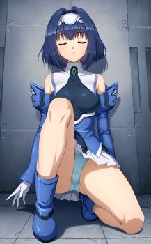 1girl bare_legs bare_shoulders blue_hair blue_panties blue_shirt blue_shoes boots breasts closed_eyes collared_shirt commentary_request detached_sleeves expressionless full_body gloves hair_intakes highres impossible_clothes impossible_shirt indoors kamuchin_soda kelvena_(xenogears) knee_up kneeling long_sleeves medium_breasts miniskirt panties pantyshot partial_commentary pleated_skirt shirt shoes short_hair skirt solo underwear upskirt white_gloves white_skirt xenogears