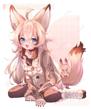 1girl ahoge animal_ear_fluff animal_ears black_camisole black_thighhighs blue_eyes boots brown_coat brown_hair camisole choker coat commission d_omm fang fennec_fox fluffen_(vtuber) fox fox_ears fox_girl fox_tail indie_virtual_youtuber long_hair messy_hair nail_polish off_shoulder open_mouth sitting sleeves_past_wrists smile strap_slip tail thighhighs virtual_youtuber white_footwear