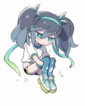 1girl blue_eyes blue_hair blue_thighhighs buruma fubukihime full_body koko_ue multicolored_hair pout shirt shoes short_sleeves simple_background sitting solo thighhighs twintails two-tone_hair undoukai_fubukihime white_background white_shirt white_shoes youkai_(youkai_watch) youkai_watch