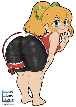 1girl artist_name ass bare_shoulders barefoot bent_over bike_shorts blonde_hair bluelimelight blush bow breasts cameltoe covered_erect_nipples dress finger_to_cheek green_bow green_eyes hair_between_eyes hair_bow highres huge_ass leg_ribbon long_hair mega_man_(classic) mega_man_(series) ponytail red_dress red_ribbon ribbon roll_(mega_man) shortstack sidelocks sleeveless small_breasts smile solo thick_thighs thigh_ribbon thighs white_background wide_hips