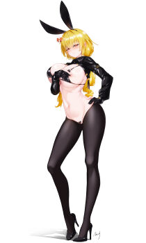 1girl absurdres alternate_costume animal_ear_hairband animal_ears bikini bikini_top_only black_bikini black_gloves black_leggings black_shoes black_shrug blonde_hair blush breasts chinese_commentary cleavage closed_mouth collared_shrug commentary fake_animal_ears fenny_golden frontless_outfit full_body gloves groin hair_between_eyes hairband hand_on_own_hip heart_maebari high_heels highres large_breasts leggings long_hair looking_at_viewer low_twintails maebari naihe navel orange_eyes partially_fingerless_gloves rabbit_ear_hairband rabbit_ears revealing_clothes reverse_bunnysuit reverse_outfit shadow shoes shrug_(clothing) sidelocks signature simple_background skindentation snowbreak:_containment_zone solo standing stomach swimsuit twintails white_background yellow_eyes