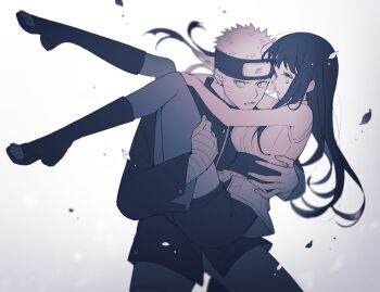 1boy 1girl arm_around_back arms_around_neck bandaged_hand bandages bare_arms bare_shoulders black_boots black_hair black_jacket black_shorts blonde_hair blunt_bangs boots breasts carrying facial_mark falling_leaves furrowed_brow grey_pantyhose greyscale headband highres hime_cut hyuuga_hinata jacket konohagakure_symbol large_breasts leaf long_hair monochrome naruto_(series) naruto_shippuuden open-toe_boots pantyhose parted_lips princess_carry short_hair shorts sidelocks spiked_hair ting uzumaki_naruto veil whisker_markings white_background white_veil