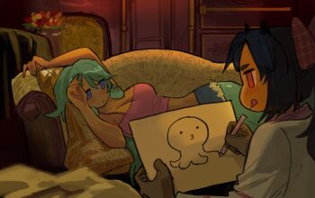 2girls :q absurdres akiko_(vakiko6) aqua_hair black_hair bosa bow breasts camisole commentary couch crop_top demon_healer_naberius draw_me_like_one_of_your_french_girls_(meme) drawing_(action) drawing_(object) english_commentary expressionless gloves grey_gloves hair_bow highres horizontal_pupils horns jitome light_blush meme monster_girl multiple_girls naberius_(demon_healer_naberius) pencil pink_camisole ponytail purple_eyes red_bow red_eyes scylla takopii takopii_no_genzai tentacles titanic_(movie) tongue tongue_out