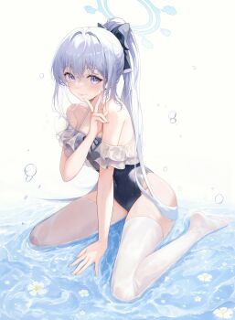 1girl absurdres black_one-piece_swimsuit blue_archive blue_halo casual_one-piece_swimsuit frilled_one-piece_swimsuit frills grey_hair halo highres long_hair mikanjam miyako_(blue_archive) miyako_(swimsuit)_(blue_archive) off-shoulder_one-piece_swimsuit off_shoulder official_alternate_costume one-piece_swimsuit ponytail purple_eyes revision sitting solo swimsuit two-tone_one-piece_swimsuit wariza water