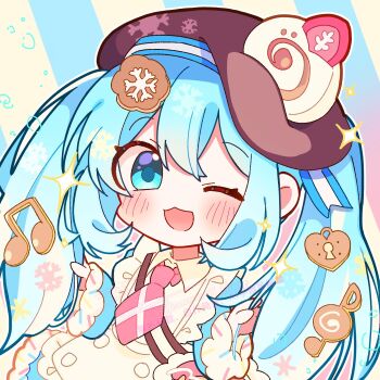 Rule 34 | 1girl, ;d, apron, blue dress, blue eyes, blue hair, blush, brown hat, chammerry shann, commentary, cookie hair ornament, diagonal-striped background, double-parted bangs, dress, food-themed hair ornament, frilled apron, frills, hair between eyes, hair ornament, hat, hatsune miku, highres, holding, holding own hair, long hair, long sleeves, looking at viewer, musical note-themed food, necktie, one eye closed, open mouth, pink necktie, short necktie, smile, solo, sparkle, striped background, twintails, upper body, vocaloid, white apron, yuki miku, yuki miku (2026)