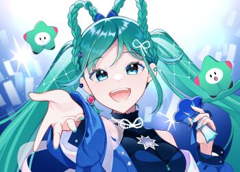 1girl aqua_eyes aqua_hair aqua_nails blue_jacket braid braided_hair_rings breasts crop_top earrings hair_ornament hair_rings hatsune_miku heart heart_earrings highres holding holding_microphone jacket jewelry long_hair looking_at_viewer magical_mirai_(vocaloid) magical_mirai_miku magical_mirai_miku_(2025) masumofu medium_breasts microphone official_alternate_costume official_alternate_hairstyle open_clothes open_jacket open_mouth reaching reaching_towards_another reaching_towards_viewer shirt single_earring sleeveless sleeveless_shirt smile solo star_(symbol) star_hair_ornament twintails very_long_hair vocaloid