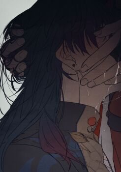 2boys black_hair blade_(honkai:_star_rail) commentary_request cum cum_on_body earrings facial fellatio from_side gradient_hair grey_background hand_in_another&#039;s_hair hand_on_another&#039;s_face highres honkai:_star_rail honkai_(series) jacket jewelry jing_yuan long_hair male_focus multicolored_hair multiple_boys oral out_of_frame piercing rz5on stud_earrings yaoi