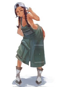 1girl amaruru0723 apron arm_behind_back backwards_hat baseball_cap boots braid brown_hair closed_mouth commentary_request corrupted_twitter_file dark-skinned_female dark_skin eyelashes full_body green_apron grey_boots grey_hat gundam gundam:_hathaway's_flash hat highres holding_strap julia_suga long_hair no_shirt orange_eyes red_shorts shorts simple_background solo standing tan tanline twin_braids twintails white_background