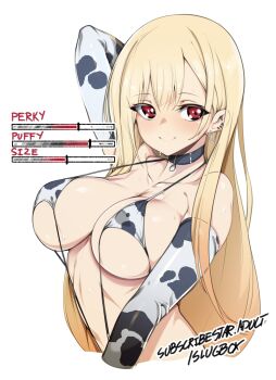 1girl absurdres animal_print arm_behind_head attribute_slider barbell_piercing bikini black_choker breast_slider breasts choker closed_mouth collarbone commentary cow_print ear_piercing earrings english_commentary english_text gameplay_mechanics highres industrial_piercing jewelry kitagawa_marin large_breasts long_hair perky_breasts piercing print_bikini puffy_nipples red_eyes simple_background slider slingshot_swimsuit slugbox smile solo sono_bisque_doll_wa_koi_wo_suru sweat swimsuit transformation upper_body white_background