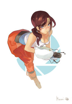 1girl aperture_science_advanced_knee_replacement aperture_science_handheld_portal_device bad_deviantart_id bad_id bent_over brown_hair chell female_focus jumpsuit long_hair minami-nyan orange_jumpsuit portal portal_(object) portal_(series) portal_1 portal_2 solo tank_top valve