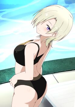 1girl ass bare_shoulders bikini black_bikini breasts chair closed_mouth commentary_request cowboy_shot grey_hair hair_over_one_eye highres large_breasts looking_at_viewer looking_back lounge_chair love_live! love_live!_nijigasaki_high_school_idol_club median_furrow mia_taylor mia_taylor_(kujibikido_swimsuit) official_alternate_costume one_eye_covered pool poolside purple_eyes short_hair smile solo swimsuit zasshoku_ojisan