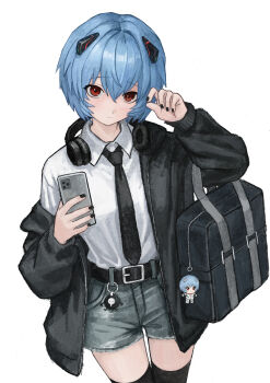 Rule 34 | 1girl, absurdres, akiii kawa, ayanami rei, bag, bag charm, belt, black bag, black belt, black jacket, black nails, black necktie, black thighhighs, blue hair, cellphone, character charm, charm (object), chinese commentary, closed mouth, collared shirt, commentary request, cowboy shot, denim, denim shorts, expressionless, grey shorts, hair between eyes, headphones, headphones around neck, highres, holding, holding phone, interface headset (evangelion), jacket, looking at viewer, nail polish, necktie, neon genesis evangelion, open clothes, open jacket, over-kneehighs, phone, red eyes, sachiel (evangelion), shirt, shirt tucked in, short hair, shorts, shoulder bag, simple background, solo, thighhighs, white background, white shirt