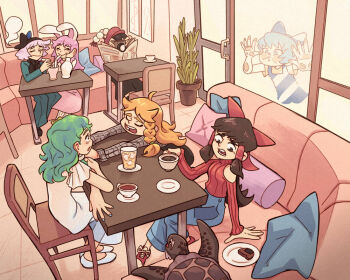 alternate_costume animal_ears black_hair black_hairband blue_hair bow cirno detached_sleeves embodiment_of_scarlet_devil face_on_glass frog_hair_ornament genjii_(touhou) green_eyes green_hair grey_hair hair_ornament hairband hakurei_reimu hat kirisame_marisa kochiya_sanae konpaku_youmu konpaku_youmu_(ghost) long_hair manganart multiple_girls necktie non-web_source purple_hair rabbit_ears red_eyes reisen_udongein_inaba ribbon shameimaru_aya shirt short_hair skirt tokin_hat touhou wings