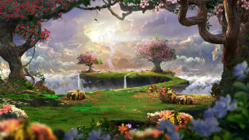 blurry cloud cloudy_sky day depth_of_field floating_island flower garden grass harish_05 heaven highres landscape no_humans original outdoors plant scenery sky sunlight tree