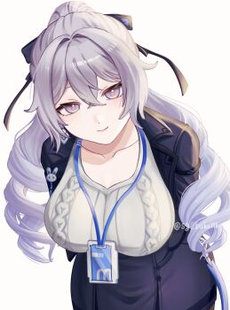 1girl arms_behind_back artist_name belt black_jacket black_skirt breasts bronya_zaychik bronya_zaychik_(outstanding_attitude) bronya_zaychik_(silverwing:_n-ex) cho_(sg_suko1111) drill earrings grey_eyes grey_hair grey_shirt hair_ribbon highres honkai_(series) honkai_impact_3rd id_card jacket jewelry lanyard large_breasts long_hair looking_at_viewer office_lady red_pupils ribbon shirt simple_background single_earring skirt smile solo