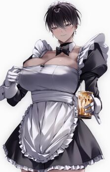 1girl absurdres adjusting_dress apron black_bow black_bowtie black_choker black_dress black_hair blush bow bowtie breasts brown_eyes choker closed_mouth coffee collar collarbone commentary cowboy_shot cross cross_earrings cup dark-skinned_female dark_skin detached_collar dress ear_piercing earrings english_commentary eyelashes frilled_dress frills glass gloves hair_between_eyes highres holding holding_cup jewelry juliet_sleeves large_breasts light_smile lips long_sleeves looking_down maid maid_apron maid_headdress may_(ulularts) mole mole_under_eye original piercing puffy_sleeves short_hair simple_background solo studded_choker sweat tight_clothes tight_dress tomboy tsurime ulularts white_apron white_background white_collar white_gloves white_headdress white_wrist_cuffs wrist_cuffs