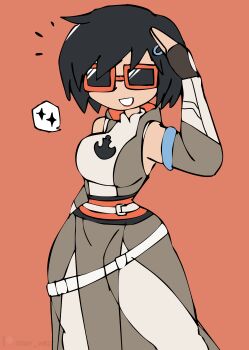 1girl absurdres belt black_gloves black_hair black_skirt black_vest bodysuit bracer breasts crossover epic_games evie_(fortnite) fingerless_gloves fortnite gloves grin hair_ornament hairclip highres large_breasts looking_at_viewer may_the_4th orange_background print_bodysuit rebel_alliance_(star_wars) red_lips salute short_hair side_slit sketch skirt smile speech_bubble spoken_sparkle standing star_wars sunglasses teeth thick_thighs thigh_strap thighs tony_welt vest white_belt white_bodysuit wide_hips