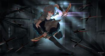 Rule 34 | adapted costume, blizzomos, bow, braid, breasts, cleavage, commentary, english commentary, garter straps, gauntlets, green bow, grey hair, high heels, highres, izayoi sakuya, knife, lips, maid, patchouli knowledge, pocket watch, red eyes, smirk, touhou, twin braids, watch