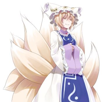 Rule 34 | 1girl, bags under eyes, blonde hair, blue tabard, breasts, commentary request, cracking knuckles, crote, dress, fox tail, hair between eyes, hands in opposite sleeves, hat, highres, kitsune, kyuubi, large variant set, long dress, long sleeves, mob cap, multiple tails, ofuda, short hair, simple background, smile, tabard, tachi-e, tail, teeth, touhou, transparent background, variant set, white dress, white hat, wide sleeves, yakumo ran, yellow eyes