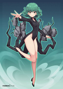 1girl artist_name black_dress black_footwear blue_background breasts closed_mouth covered_navel curly_hair debris dress full_body glowing gradient_background green_background green_eyes green_hair high_heels legs long_sleeves looking_at_viewer matching_hair/eyes medium_breasts no_panties one-punch_man rebar short_hair side_slit smile solo standing standing_on_one_leg tatsumaki virus-g