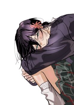 1girl black_sweater blush busuttt chainsaw_man collared_shirt commentary flower green_eyes hair_between_eyes hair_bun hair_flower hair_ornament hand_blush highres hugging_own_legs looking_at_viewer loose_socks medium_hair plaid_clothes plaid_skirt purple_hair red_flower reze_(chainsaw_man) shirt shirt_under_sweater skirt smile socks solo sweater symbol-only_commentary updo white_background white_socks