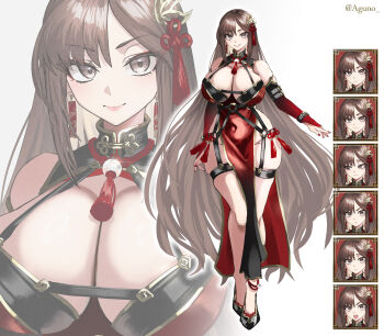 1girl absurdres bare_shoulders blush breasts brown_eyes brown_hair china_dress chinese_clothes cleavage commentary_request covered_navel dress earrings elbow_gloves fate/grand_order fate_(series) full_body gloves gold_trim grin hair_ornament high_heels highres jewelry large_breasts long_hair looking_at_viewer multiple_views pelvic_curtain red_dress red_gloves shibao_aoyama side_slit smile tassel very_long_hair yu_mei-ren_(fate)