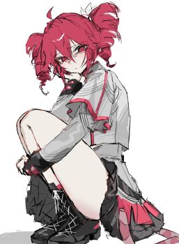 Rule 34 | 1girl, ahoge, black boots, boots, closed mouth, collared shirt, dot mouth, dress, embarrassed, frilled skirt, frills, grey shirt, grey skirt, hair between eyes, hair ribbon, hand on own face, hand up, highres, hugging own legs, kasane teto, kasane teto (sv), layered sleeves, long sleeves, looking at viewer, red eyes, red hair, red skirt, ribbon, shirt, skirt, solo, squatting, synthesizer v, thighs, two-tone skirt, ummwa, variant set, white ribbon