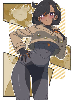 1girl black_bodysuit black_gloves black_hair blush bodysuit breasts brown_background brown_jacket buttons cropped_jacket emma_(pokemon) gloves hand_on_own_hip highres jacket kanbei_(pixiv11037490) long_sleeves looking_at_viewer nintendo pokemon pokemon_legends:_z-a puffy_long_sleeves puffy_sleeves purple_eyes short_hair solo sweat zoom_layer