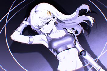 1girl armpits breasts crop_top earrings expressionless floating_hair highres jewelry kingrun long_hair looking_to_the_side mechanical_arms navel one_eye_closed original purple_theme single_mechanical_arm small_breasts solo spot_color