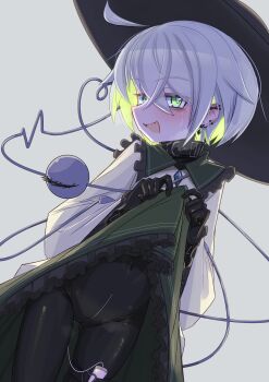 1girl absurdres ahoge black_bodysuit bodysuit bodysuit_under_clothes clothes_lift collar commentary_request crotch_zipper earrings fang frilled_skirt frills green_eyes green_hair green_skirt grey_background heart heart_of_string highres jewelry komeiji_koishi latex latex_bodysuit looking_at_viewer menou_74 sex_toy shirt skin_fang skirt skirt_lift solo third_eye touhou vibrator yellow_shirt