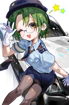 1girl :3 absurdres armband ben-day_dots black_necktie blue_skirt car collared_shirt glasses gloves green_hair hat highres hiro_(yoshi_chan) looking_at_viewer lucky_star motor_vehicle narumi_yui necktie on_car one_eye_closed open_mouth pantyhose police police_car police_hat police_uniform policewoman screentones shirt short_hair skirt star_(symbol) white_armband white_background white_gloves wink_star yellow_eyes