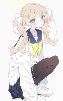 1girl alternate_hairstyle blue_archive blue_sailor_collar blue_skirt blush bow bowtie brown_hair brown_pantyhose commentary cram960 english_commentary full_body hair_ornament halo hifumi_(blue_archive) highres long_hair long_sleeves looking_at_viewer pantyhose pom_pom_(clothes) pom_pom_hair_ornament sailor_collar school_uniform serafuku shirt shoes simple_background skirt sneakers solo squatting twintails very_long_hair white_background white_shirt white_shoes yellow_bow yellow_bowtie