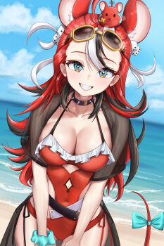 1girl absurdres altean animal_ears beach black_hair blue_eyes blue_sky breasts cleavage cloud collar covered_navel day dice_hair_ornament eyewear_on_head frilled_one-piece_swimsuit frills grin hair_between_eyes hair_ornament hakos_baelz hakos_baelz_(holonatsu_paradise) highres hololive hololive_english large_breasts long_hair looking_at_viewer mouse_ears mouse_girl mouse_on_head mouse_tail mr._squeaks_(hakos_baelz) multicolored_hair official_alternate_costume official_alternate_hairstyle one-piece_swimsuit outdoors red_hair red_one-piece_swimsuit side-tie_one-piece_swimsuit sky smile spiked_collar spikes streaked_hair sunglasses swimsuit tail two_side_up virtual_youtuber white_hair