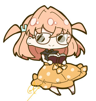 Rule 34 | 1girl, absurdres, black shirt, brown-framed eyewear, chibi, chibi only, closed mouth, collared shirt, frilled shirt, frills, full body, glasses, hair ornament, highres, hinoshita kaho, hinoshita kaho (ishikawa prefectural library), link! like! love live!, love live!, medium hair, medium skirt, oofushi ao, orange hair, orange skirt, rabbit hair ornament, reading, shirt, signature, simple background, skirt, sleeveless, sleeveless shirt, smile, solid circle eyes, solo, split mouth, two side up, virtual youtuber, white background