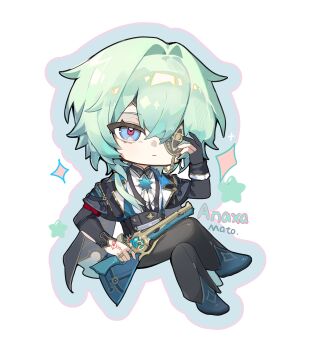 1boy absurdres anaxa_(honkai:_star_rail) black_gloves black_jacket black_pants blue_eyes blue_outline character_name chibi chibi_only closed_mouth eyepatch full_body gloves green_hair green_shoes gun hand_up heiyi_mataozi highres holding holding_gun holding_weapon honkai:_star_rail honkai_(series) jacket long_hair male_focus open_clothes open_jacket outline pants partially_fingerless_gloves shoes simple_background solo sparkle weapon white_background