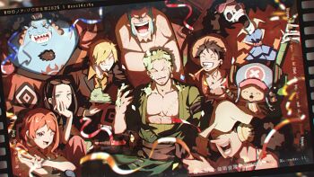 Rule 34 | 2girls, 6+boys, ^ ^, afro, antlers, black hair, black suit, blue hair, brook (one piece), cake, chest tattoo, closed eyes, commentary, cross, earrings, epcl4zj4u, facial hair, food, formal clothes, franky (one piece), goatee, green hair, guitar, hat, head rest, headphones, holding, holding guitar, holding instrument, hood, horns, instrument, jewelry, jinbe (one piece), long nose, looking at viewer, monkey d. luffy, multiple boys, multiple girls, nami (one piece), nico robin, one eye closed, one piece, reindeer antlers, roronoa zoro, sanji (one piece), scar, scar across eye, scar on face, short hair, sideburns, skeleton, smile, stitched torso, stitches, straw hat, straw hat pirates, suit, tattoo, tony tony chopper, usopp