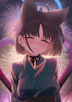1girl absurdres alternate_costume animal_ear_fluff animal_ears black_hair blue_archive blue_halo blush cat_ears cat_girl cat_tail closed_eyes closed_mouth commentary_request extra_ears fireworks flower green_kimono hair_flower hair_ornament halo heart heart_tail highres japanese_clothes kikyou_(blue_archive) kimono multiple_tails pizza_(pizzania_company) purple_flower red_sash sash short_hair smile solo tail two_tails yukata